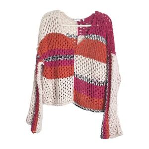 Womens Open Knit V Neck Pullover Sweater Med Retro Boho Crochet Y2k Preppy Grung